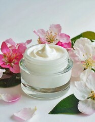 Obraz na płótnie Canvas whitening and moisturizing Face cream in an open glass jar and flowers on white background
