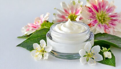 Fototapeta na wymiar whitening and moisturizing Face cream in an open glass jar and flowers on white background