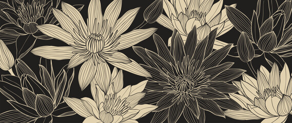 Luxury golden lotus flower line art background vector. Natural botanical elegant flower with gold line art. Design illustration for decoration, wall decor, wallpaper, cover, banner, poster, card.