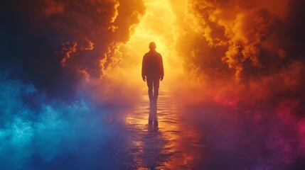 An ominous figure stands against a backdrop of a dramatic cosmic clash, with swirling clouds and intense colors depicting an apocalyptic vision.
