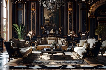 Royal Retreat Luxury Bedroom Furniture Sofa Setting in Fully Brighted - obrazy, fototapety, plakaty