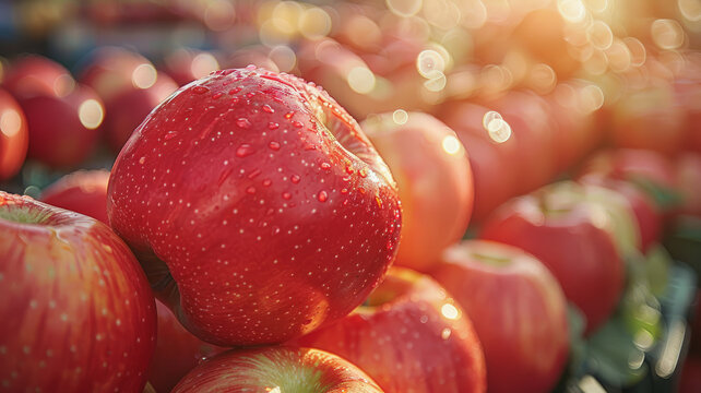 Fresh red apples with dewdrops
