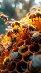 Explore a vibrant bee hive with bees buzzing around collecting nectar Show the hexagonal structure of the hive
