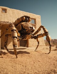 A futuristic robotic spider stands poised on arid desert sands, evoking themes of technology, innovation, and surrealism in a stark landscape.