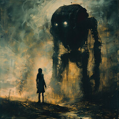 A lone figure stands before a towering AI entity grappling with conflicting emotions - obrazy, fototapety, plakaty
