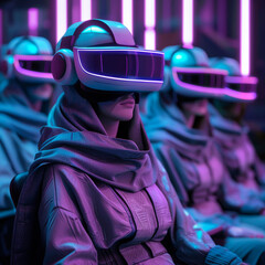 At a futuristic virtual reality conference a group of individuals in hi tech attire ponder