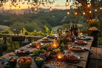 Outdoor dining table set at sunset with candles and wildflowers. Evening nature banquet setup with string lights. Al fresco dining and rural retreat concept for design and print