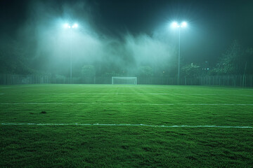 Photo of empty football field at night illuminated by spotlights
