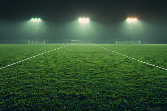 Photo of empty football field at night illuminated by spotlights