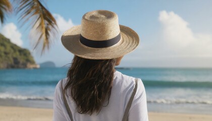 Traveller woman in hat looking on tropical beach, rear view. Female person enjoy sea vacation
