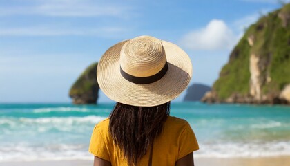 Fototapeta na wymiar Traveller woman in hat looking on tropical beach, rear view. Female person enjoy sea vacation
