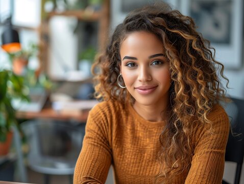 A mixed-ethnicity young black woman with curly hair and a warm smile wearing an ochre sweater. The background is blurred with space for text.
