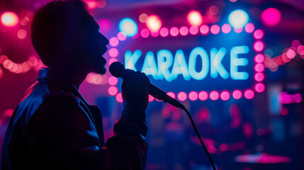 Singing man under neon lights in karaoke club
