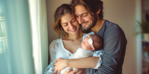 Obraz premium A couple with their newborn baby in each other's arms standing in front of a window.