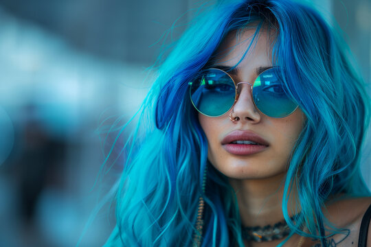 A woman with blue hair and blue sunglasses is standing in front of a blue background. She has a nose piercing and a necklace. featuring an indian Instagram influencer with a distinctive ponytail