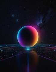 A synthwave-inspired sphere radiating with gradient hues hovers over a digital landscape against a cosmic backdrop