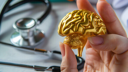 Golden brain positioned between the fingers of a doctor's hand, stethoscope elegantly arranged in the background. - Powered by Adobe