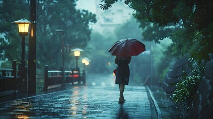 A woman walks with a red umbrella on a rainy day