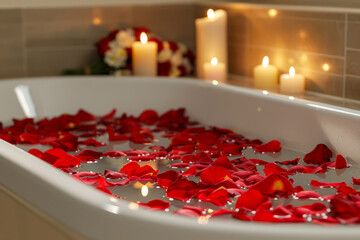 Bathtub with rose petals and burning candles. Generative AI