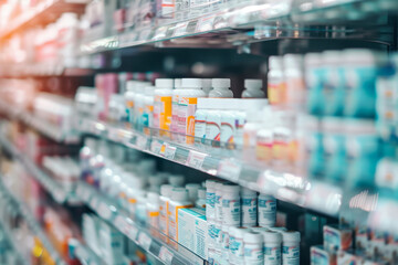 Blurred shelves of drugs in the pharmacy store. Generative AI