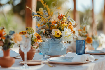 Summer table settings in blue, yellow, terracotta colors. Generative AI - obrazy, fototapety, plakaty