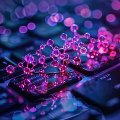 Closeup of innovative medicine development on scientists laptop, molecular breakthroughs unfold