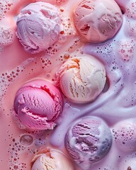 Dive into a world of sweet sensations with a closeup view of fruitinfused ice cream, its vibrant hues flowing and spreading like a delicious symphony against a bright background