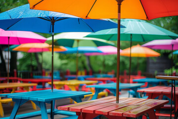 Outdoor patio with umbrellas shading colorful dining tables. Generative AI - obrazy, fototapety, plakaty