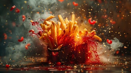 Experience the excitement of fried french fries jumping and exploding, painting the screen red with flavor , High detail, High resolution,