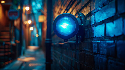 A blue-lit streetlight in an alley at night