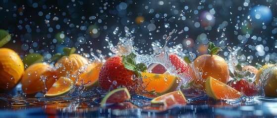 Step into a realm where reality meets fantasy, as you witness the enchanting spectacle of fresh, colorful 3D fruit suspended in a galaxy water splash