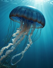 A majestic blue jellyfish drifts elegantly in the sunlit depths of the ocean, its tentacles trailing gracefully.