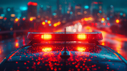 Police car rooftop lights at rainy night - obrazy, fototapety, plakaty