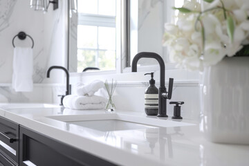 White bathroom with black accessories. Generative AI - obrazy, fototapety, plakaty