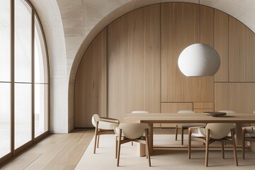 Enter the realm of refined simplicity with a minimalist interior design featuring a modern dining room adorned with abstract wood paneling and an arched wall.