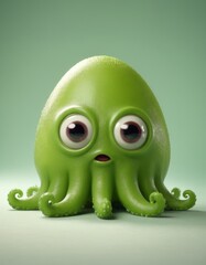 A whimsical green cartoon octopus with big expressive eyes sits against a plain background, presenting a lovable character design perfect for children's media