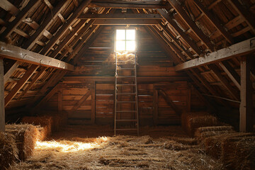 Fototapeta na wymiar Warm sunlight rays filtering through wooden barn loft. Serene hayloft with sunbeams and dust particles. Countryside peace and loft simplicity concept for design and print