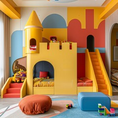 A vibrant playroom designed like a castle, complete with slides and a play area, stimulating a child's imagination and playfulness.