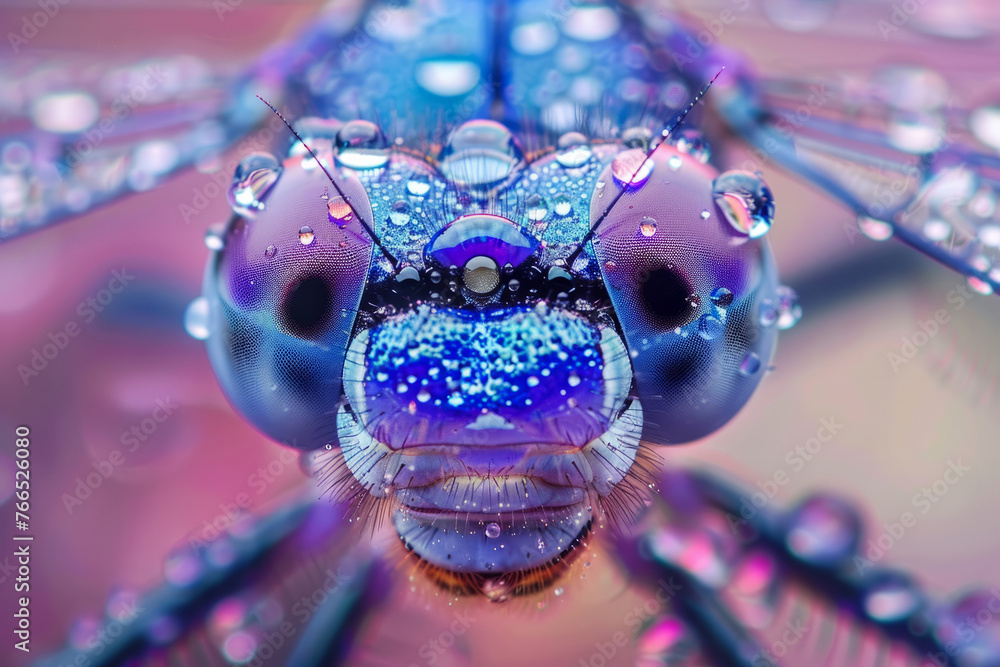 Poster a close up of a dragonfly with its head tilted to the side. the insect is surrounded by water drople