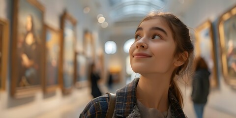 Teenage girl smiling in art gallery looking inspired by paintings on walls enjoying aesthetic experience. Concept Portrait Photography, Art Appreciation, Teenage Inspiration, Aesthetic Experience