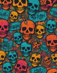 A multitude of skull keychains in vivid hues of orange, blue, and yellow, each featuring unique graffiti tags, creates a kaleidoscopic pattern.