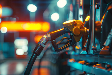 Close-up photo of gasoline pump and hoses for refueling cars. - obrazy, fototapety, plakaty