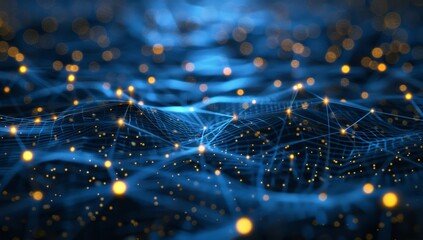 Abstract digital background with glowing network connections and nodes on dark blue backdrop