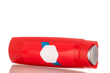 One container of shampoo, macro, isolated on white background.