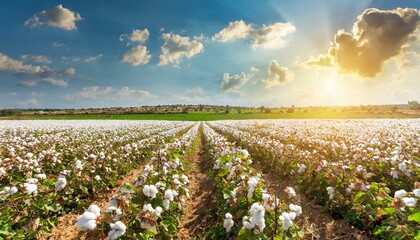  Scenic view of a cotton field with sun light 