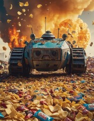 Futuristic tank explosion amidst a surreal landscape of candy, blending elements of science fiction with a whimsical, satirical twist.