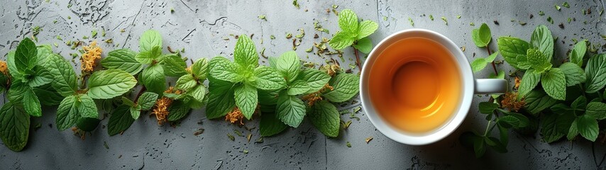Cup of tea with mint leaves on grey background, top view, banner - obrazy, fototapety, plakaty