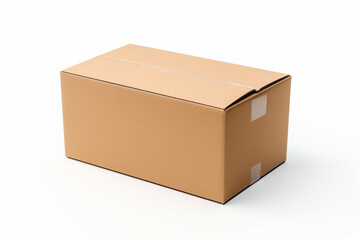 Single empty cardboard box with blank label, on a solid white background, top lid completely removed,