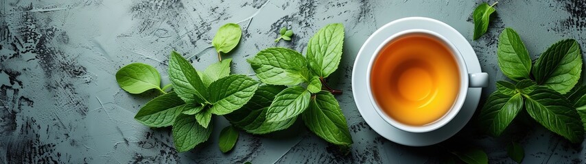 Cup of tea with mint leaves on grey background, top view, banner - obrazy, fototapety, plakaty