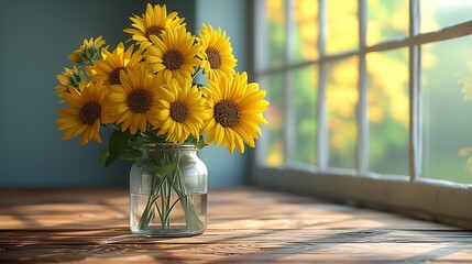Bouquet of sunflowers in a glass vase